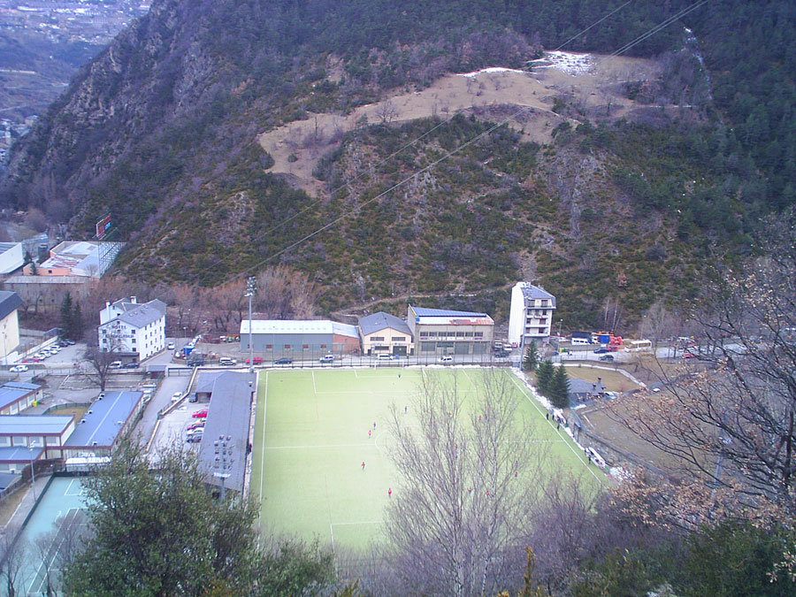 Going down overlooking the football pitch. 