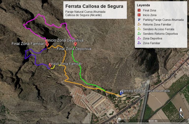 Croquis oficial de acceso y recorrido de la vía ferrata 