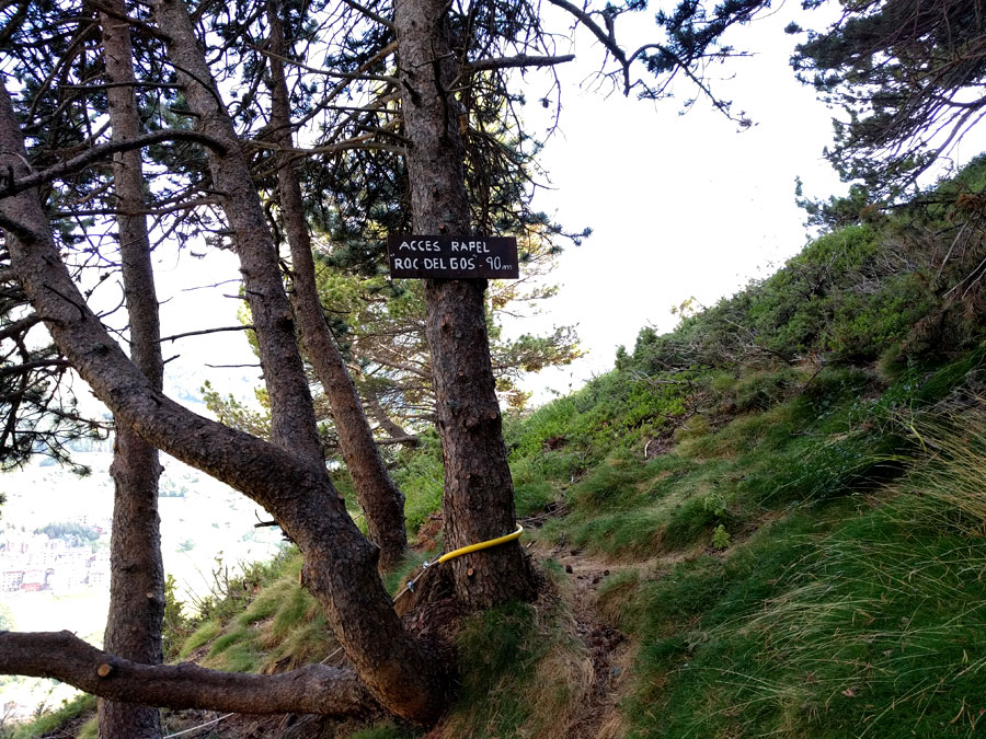 Access to the rappel -here it says 90 metres but the parking area sign post indicates 85 metres- 