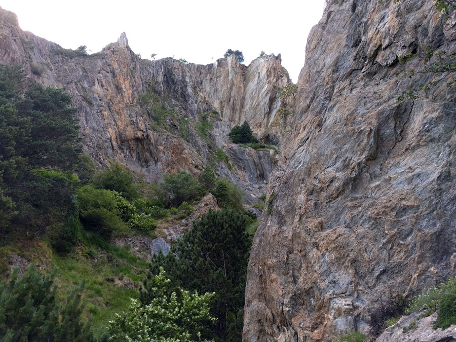 Roc del Gos in the background on the opposite side of the channel - We cannot see the ferrata yet from this point 