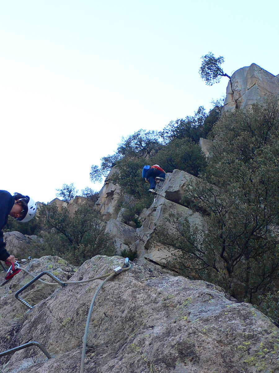 Three first ledges up to the small tree 