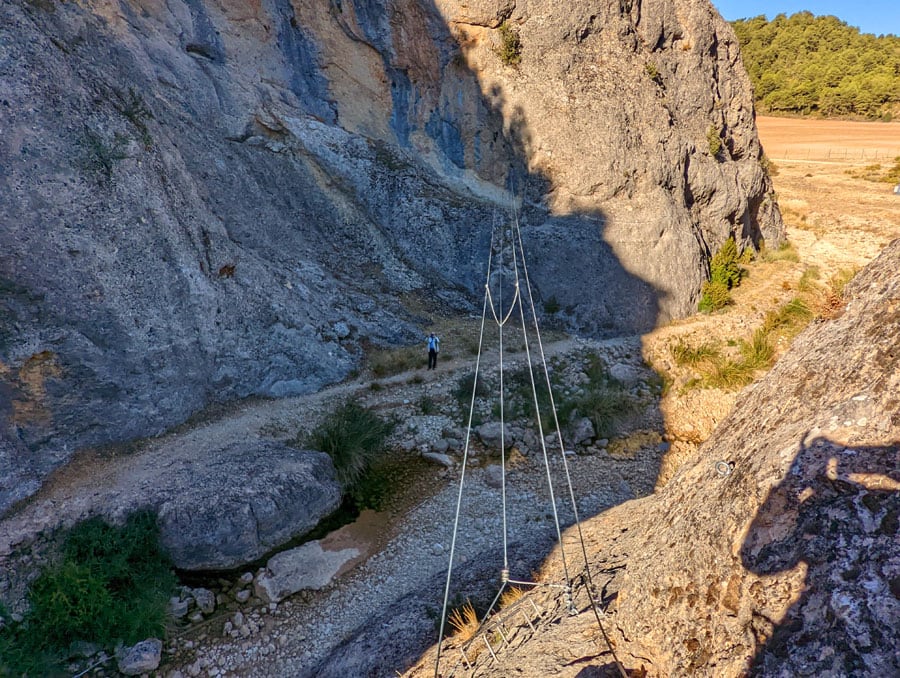 Final del puente tibetano mirando hacia atrás al torrente 