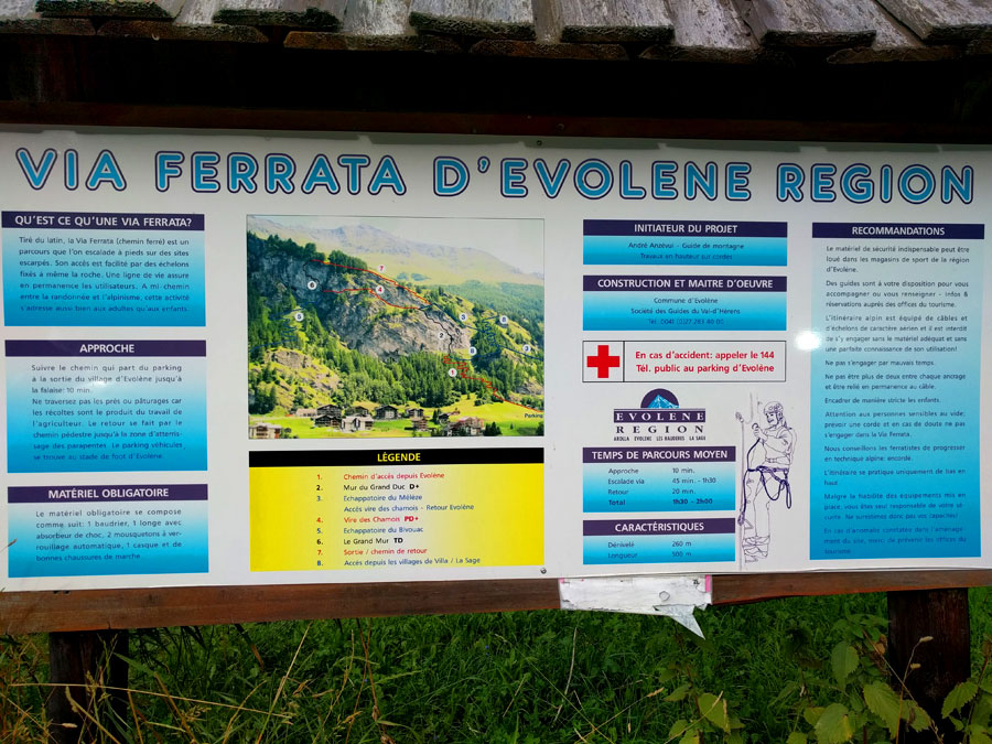 Cartel informativo de la vía ferrata en el estacionamiento 