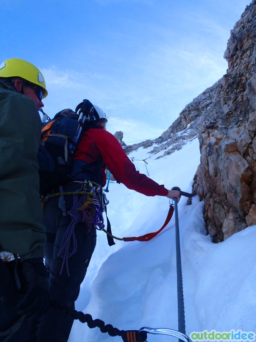 Section of ferrata covered with snow 