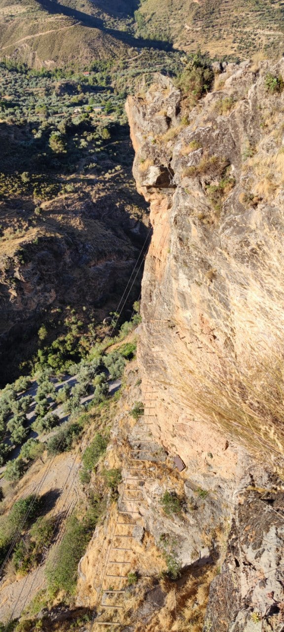 Vista superior de los puentes y la tirolina desde la salida de la vía ferrata 