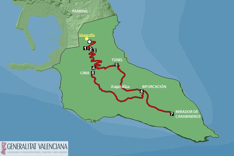 Mapa completo de la ruta Roja -el punto más alejado es el mirador de Carabineros-