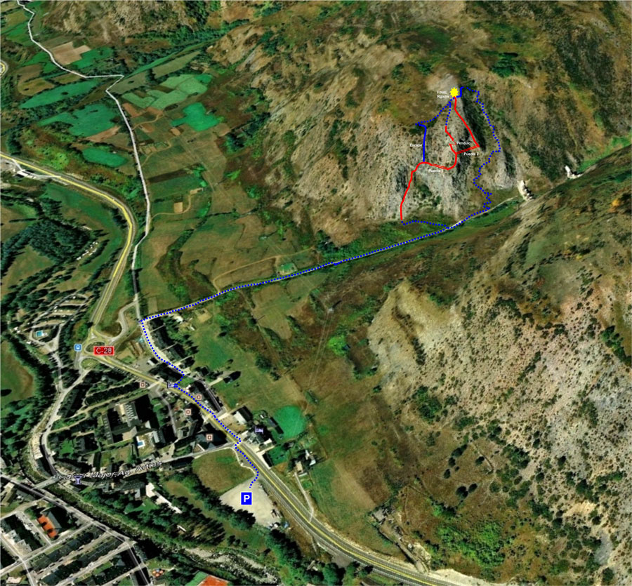 Croquis de la situación -parking y aproximación de la vía ferrata 