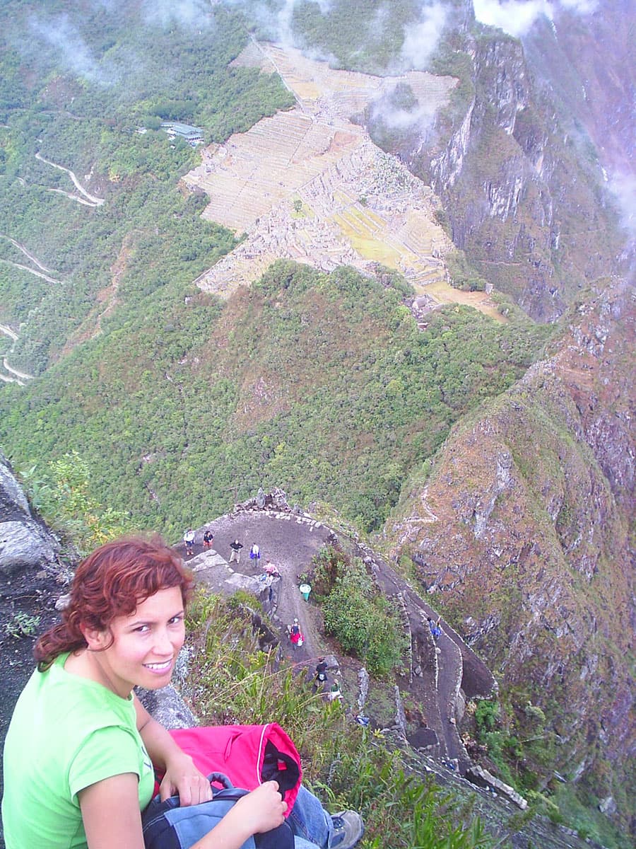 View of the ascent to Wayna Picchu with the temple in the background 