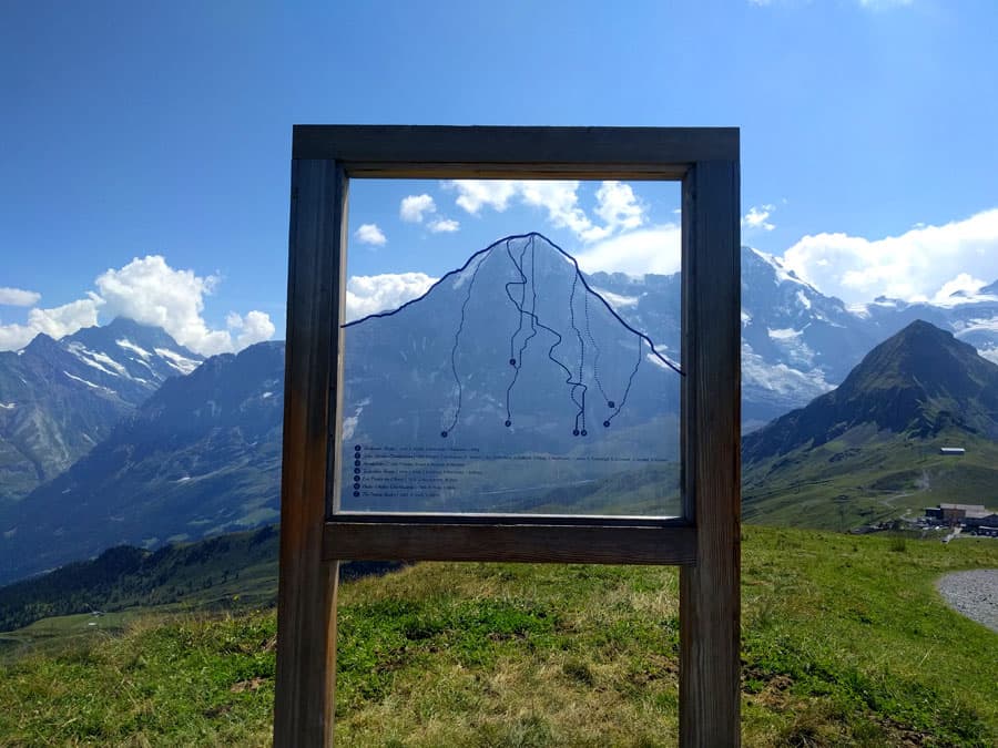 View of the northern face of Eiger and overlaid its most popular routes 