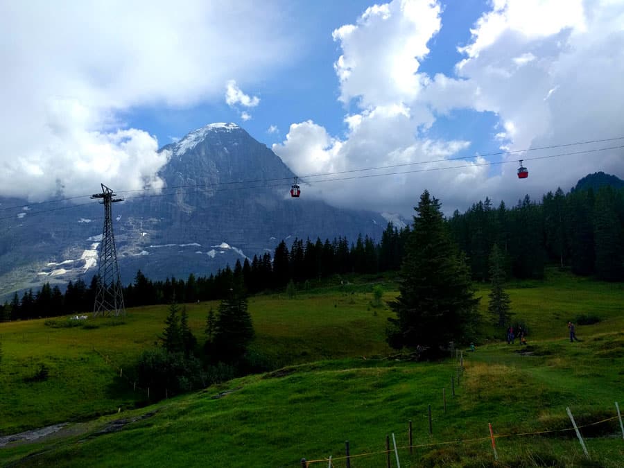 View of the Eiger northern face and the gondola lift 