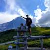 Stop number 6. Eiger wooden tower viewpoint / Hiking route Switzerland. Family hiking at the foot of Eiger 