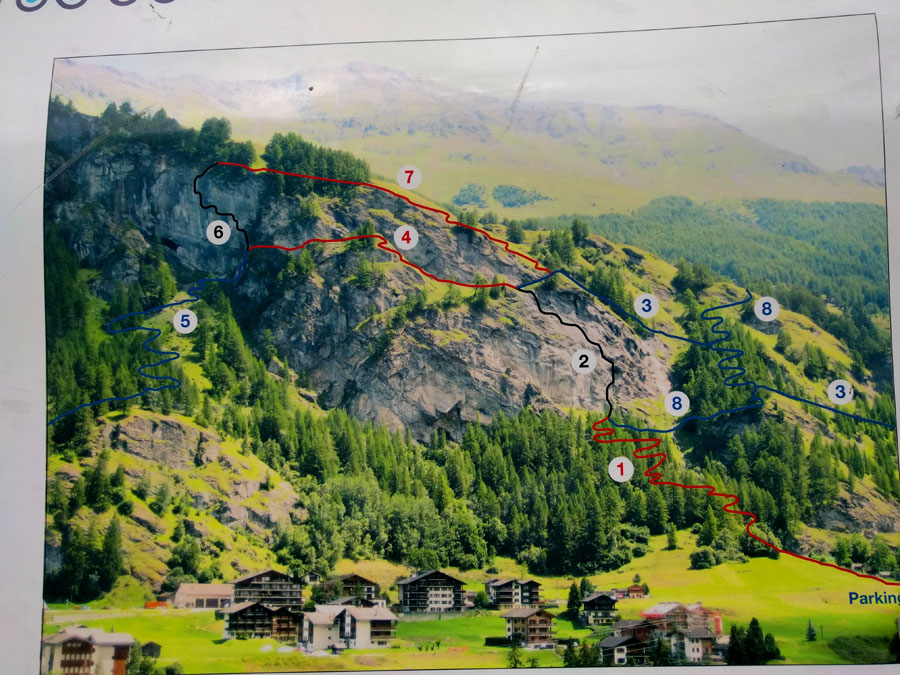 Detalle del croquis de la vía ferrata -los tramos 2 y 6 son la vía ferrata en sí- 
